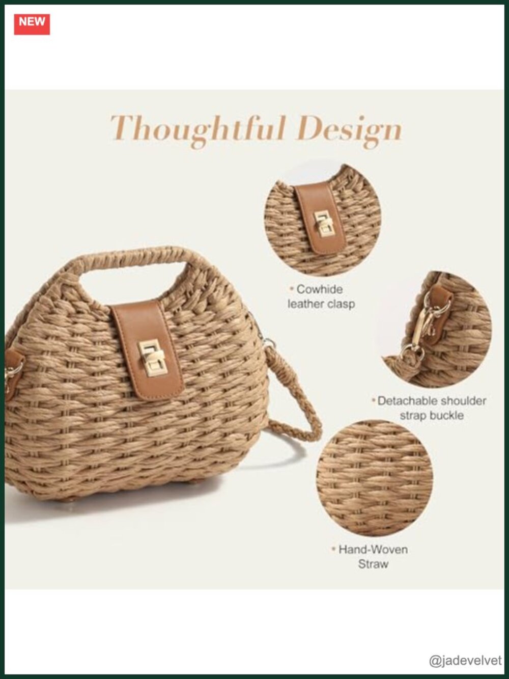 Natural Straw Handwoven Crossbody Purse with Adjustable Strap - Picture 2 of 5